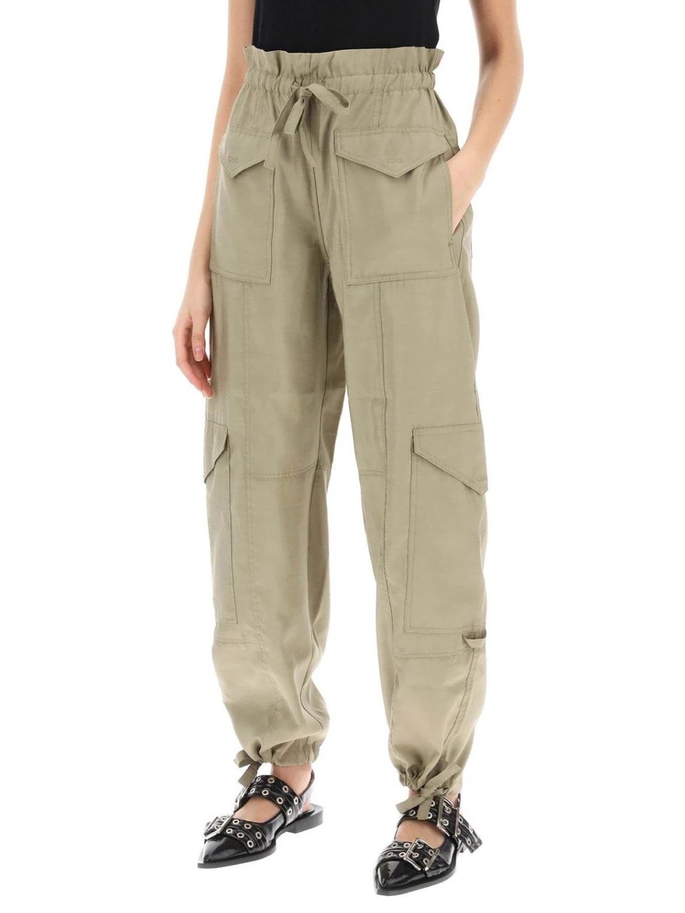 Ganni Light Slub Cargo Drawstring High-Rise Paper-Bag Waist Green Pants EUC Sz 6